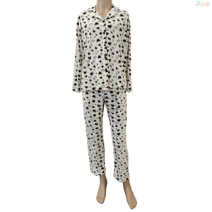 White Leopard Heart Print Long-Sleeve Pajama Set Soft Loungewear