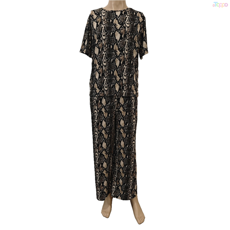 Black & Beige Snake Print Short-Sleeve Wide-Leg Pants Chic Set