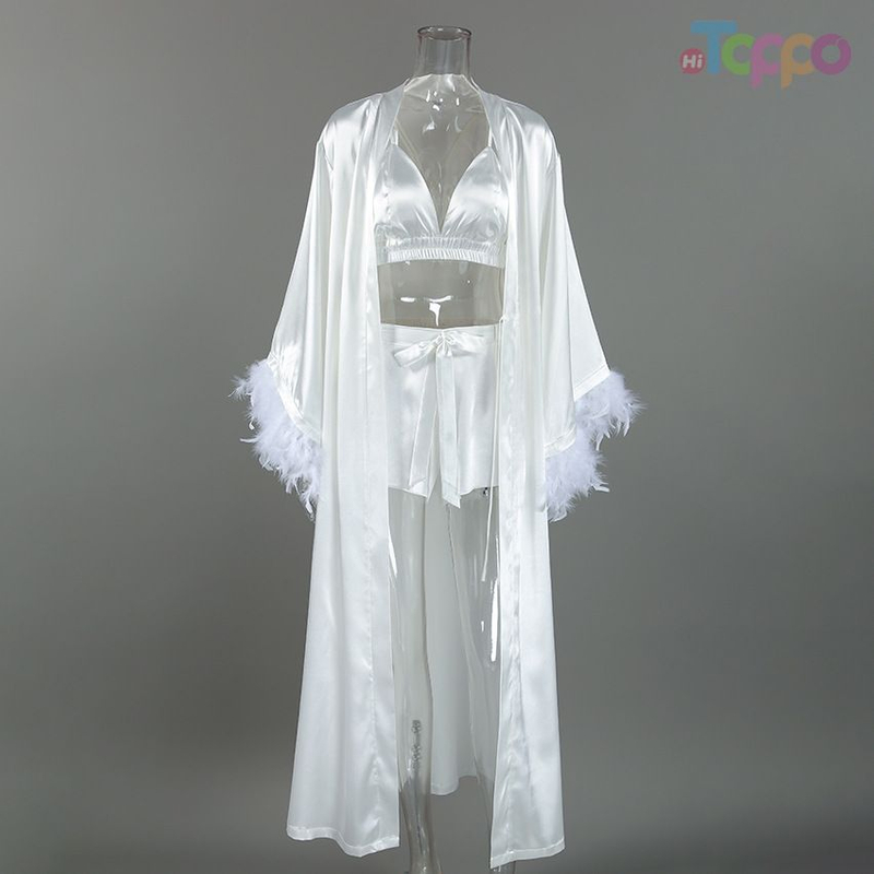 Bridal White Satin Feather Lingerie Three-Piece Set