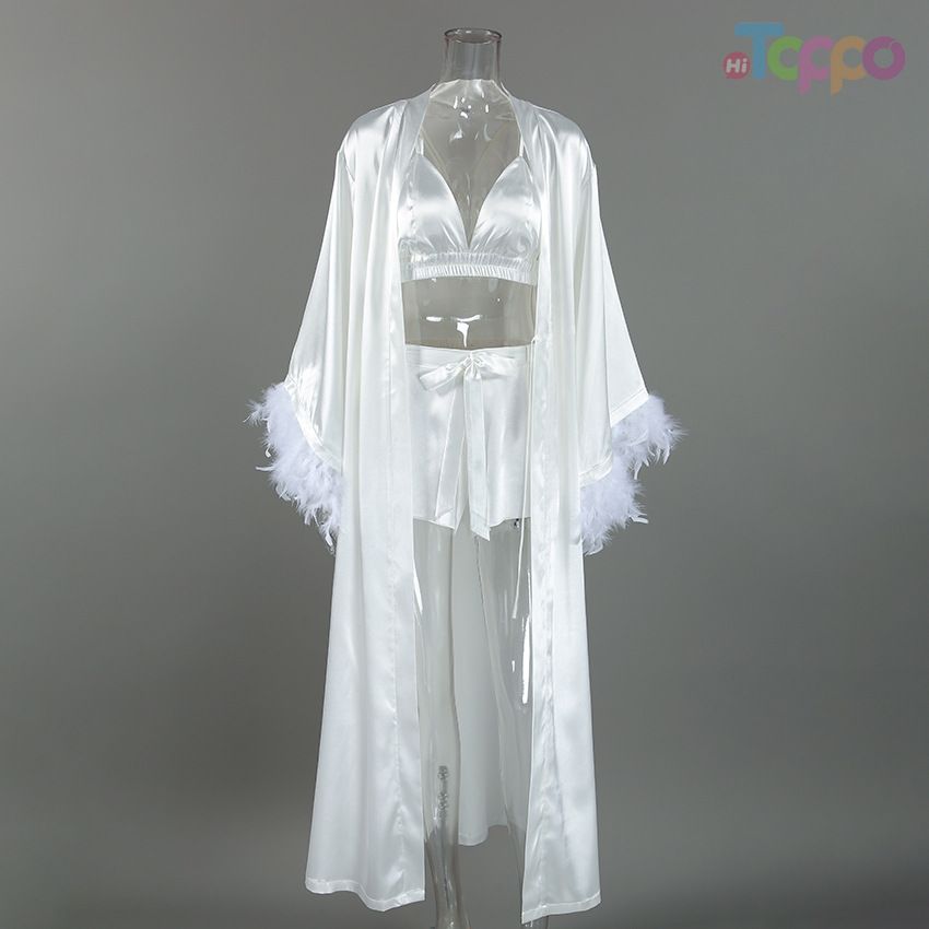 Bridal White Satin Feather Lingerie Three-Piece Set