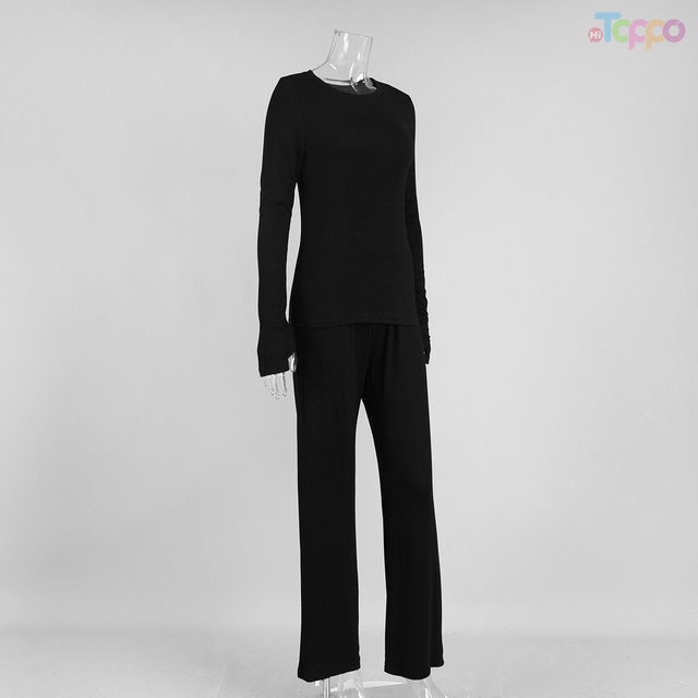Women's Black Long Sleeve Fitted Top & Wide-Leg Pants Lounge Set