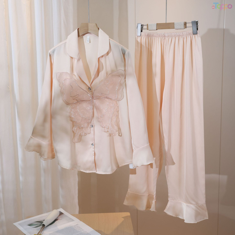 Elegant Lace Butterfly Satin Pajama Set for Women