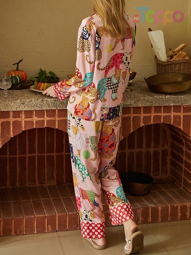 Fun Cartoon Animal Print Pink Pajama Set