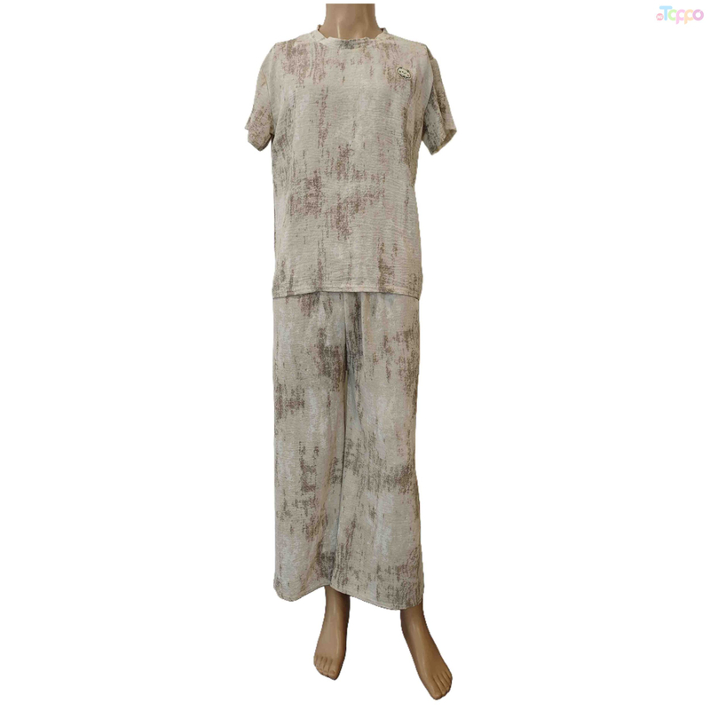 Neutral Textured Short-Sleeve Wide-Leg Loungewear Set