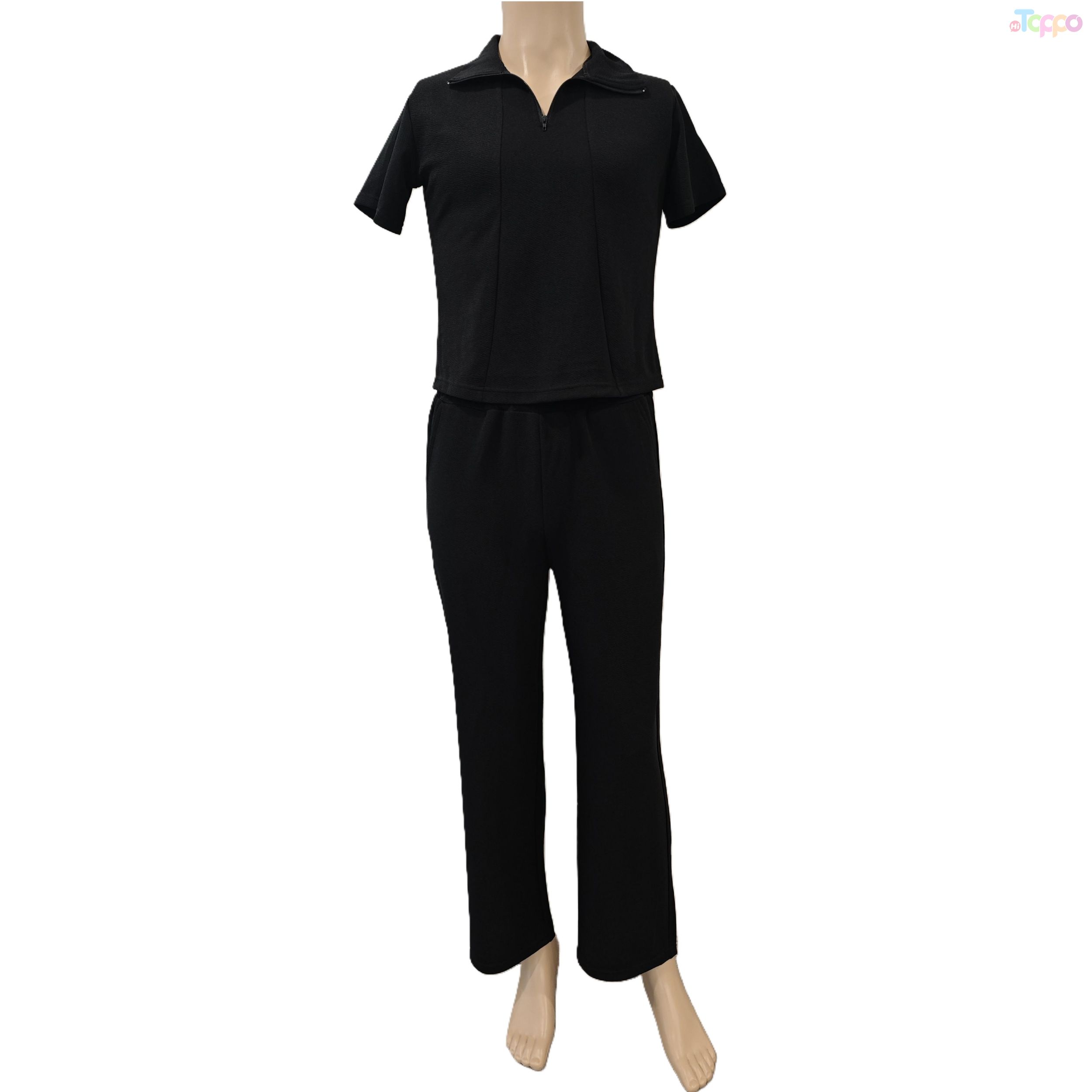 Women’s Black Short-Sleeve Polo & Long Pants Casual Set