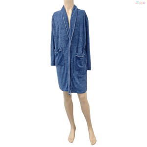 Women's Navy Blue Plush Robe with Pocket & White Trim