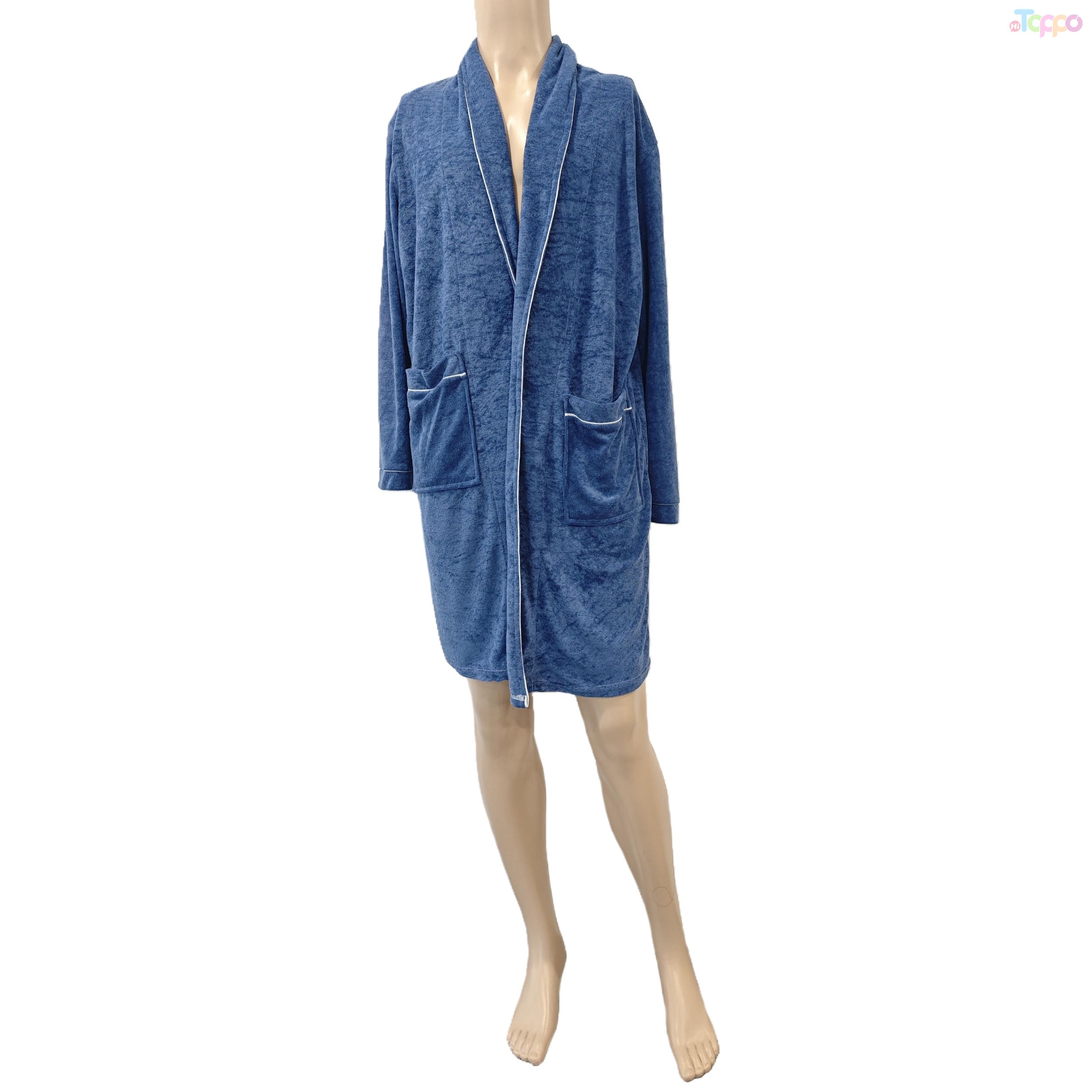 Women's Navy Blue Plush Robe with Pocket & White Trim