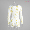 Cozy White Lemon Print Ribbed Long-Sleeve Women Romper