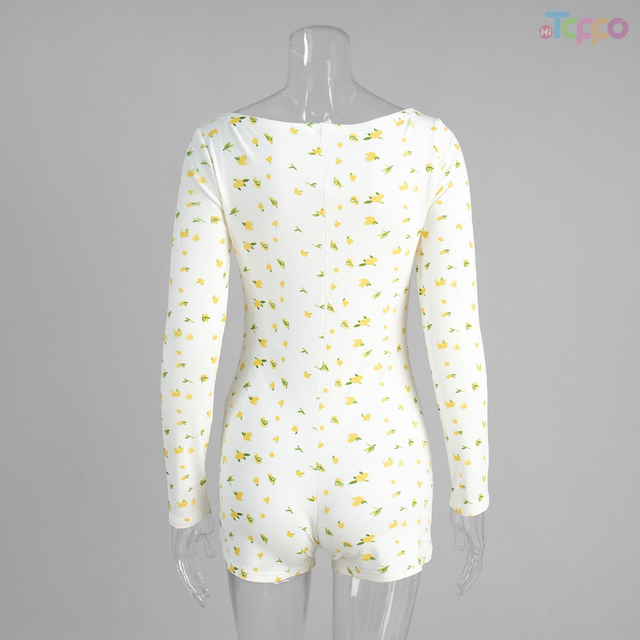 Cozy White Lemon Print Ribbed Long-Sleeve Women Romper