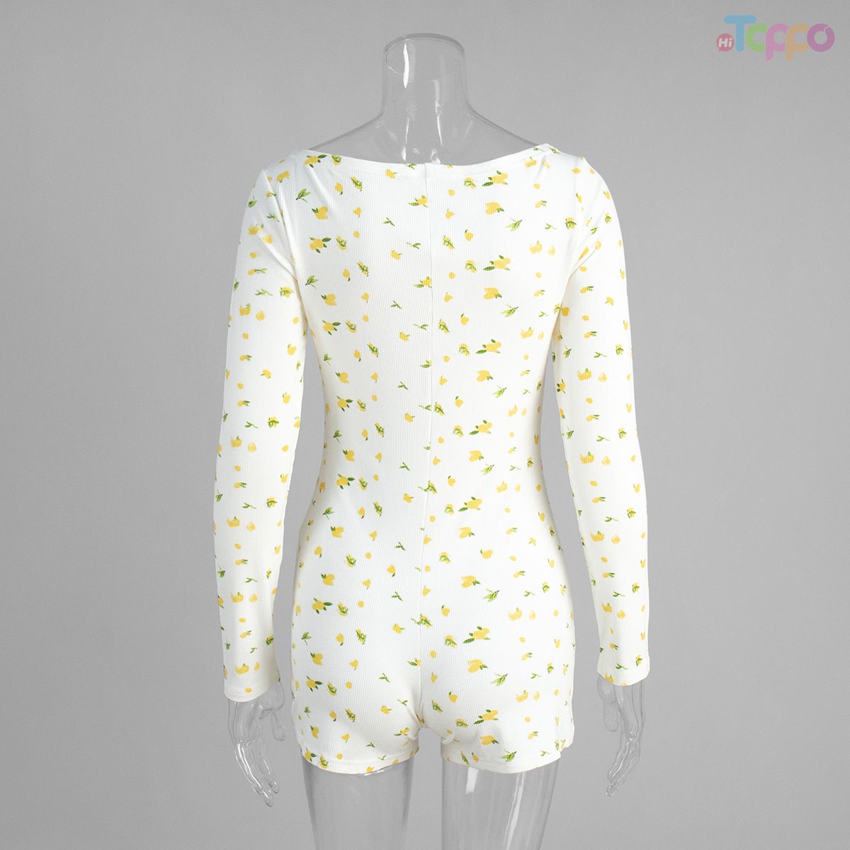 Cozy White Lemon Print Ribbed Long-Sleeve Women Romper