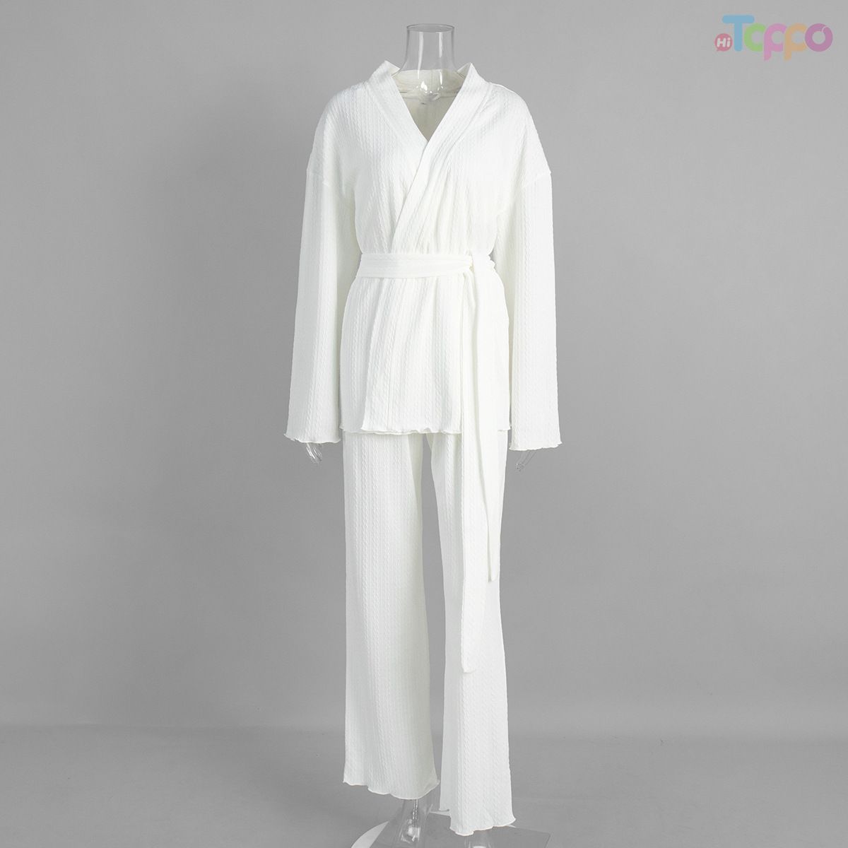 Beige Ribbed Wrap-Front Self-Tie Belt Loungewear Set
