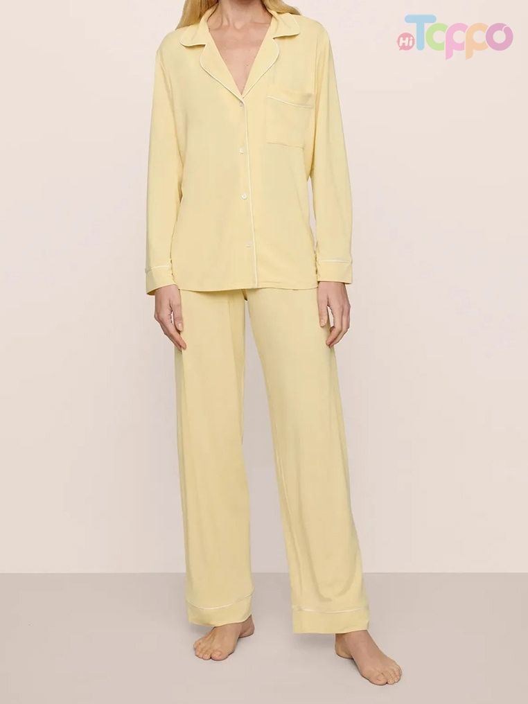 Olive Green Contrast Trim Collared Pajama Set