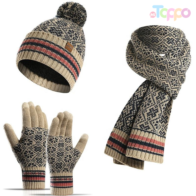Winter Warm Acrylic Knitted Jacquard Hat Scarf Gloves Knitting Sets