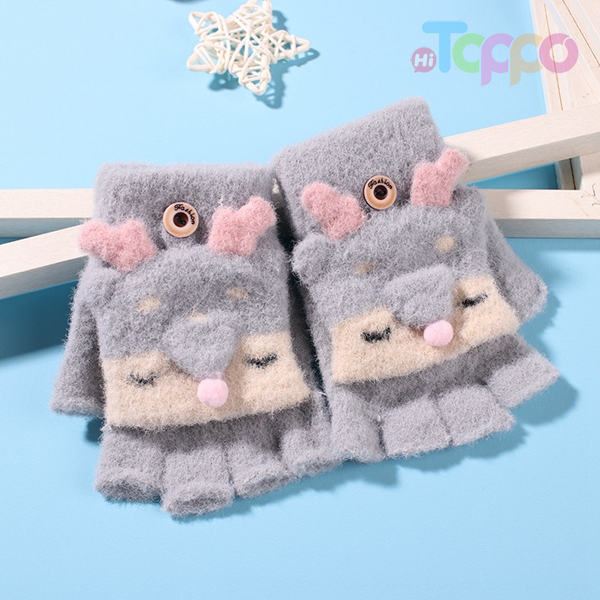 Children's Fingerless Flip Gloves for Children for Primary School Students Autumn Winter Cute Sable Yarn Gloves