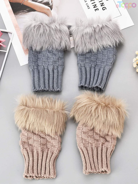  Faux Rabbit Fur Mittens Women Gloves Knitted Arm Fingerless Warmer Winter Knitted Gloves