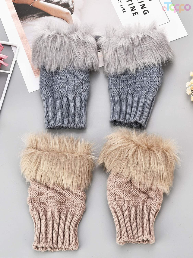  Faux Rabbit Fur Mittens Women Gloves Knitted Arm Fingerless Warmer Winter Knitted Gloves