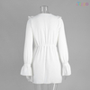 Elegant White Ruffle Trim Lace-Up Bell-Sleeve Mini Dress