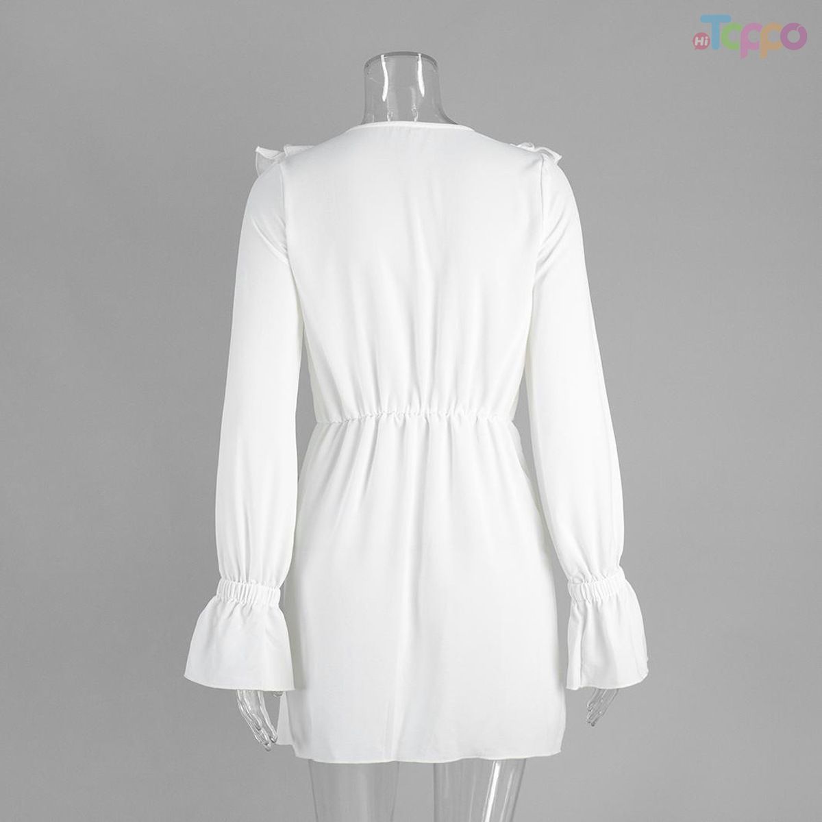 Elegant White Ruffle Trim Lace-Up Bell-Sleeve Mini Dress