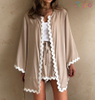 Beige Scalloped Trim Kimono & Shorts Lounge Set
