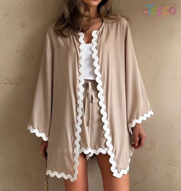 Beige Scalloped Trim Kimono & Shorts Lounge Set