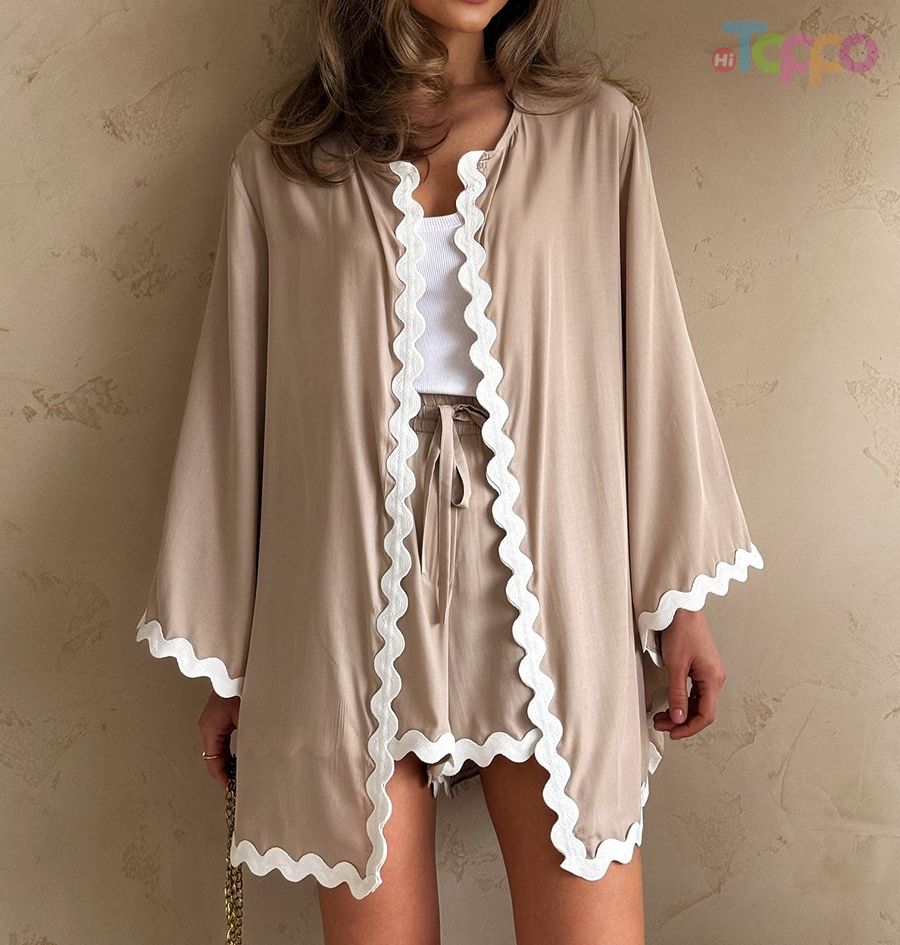 Beige Scalloped Trim Kimono & Shorts Lounge Set