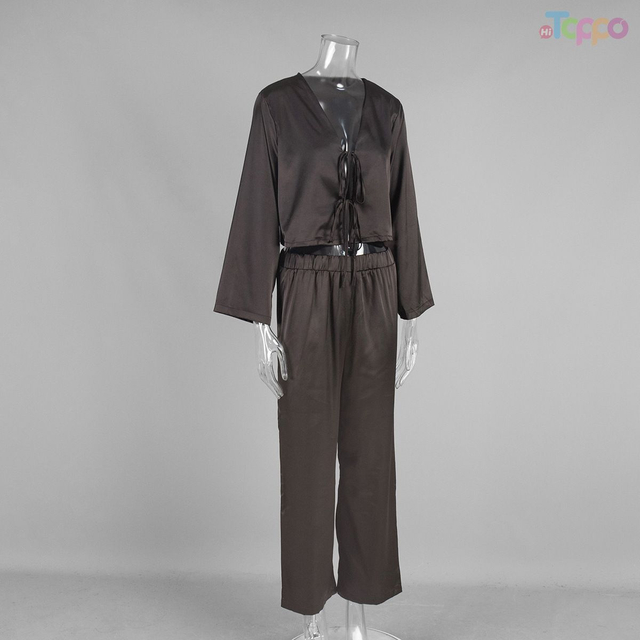 Brown Satin 2-Piece Cropped Tie-Front Lounge Set