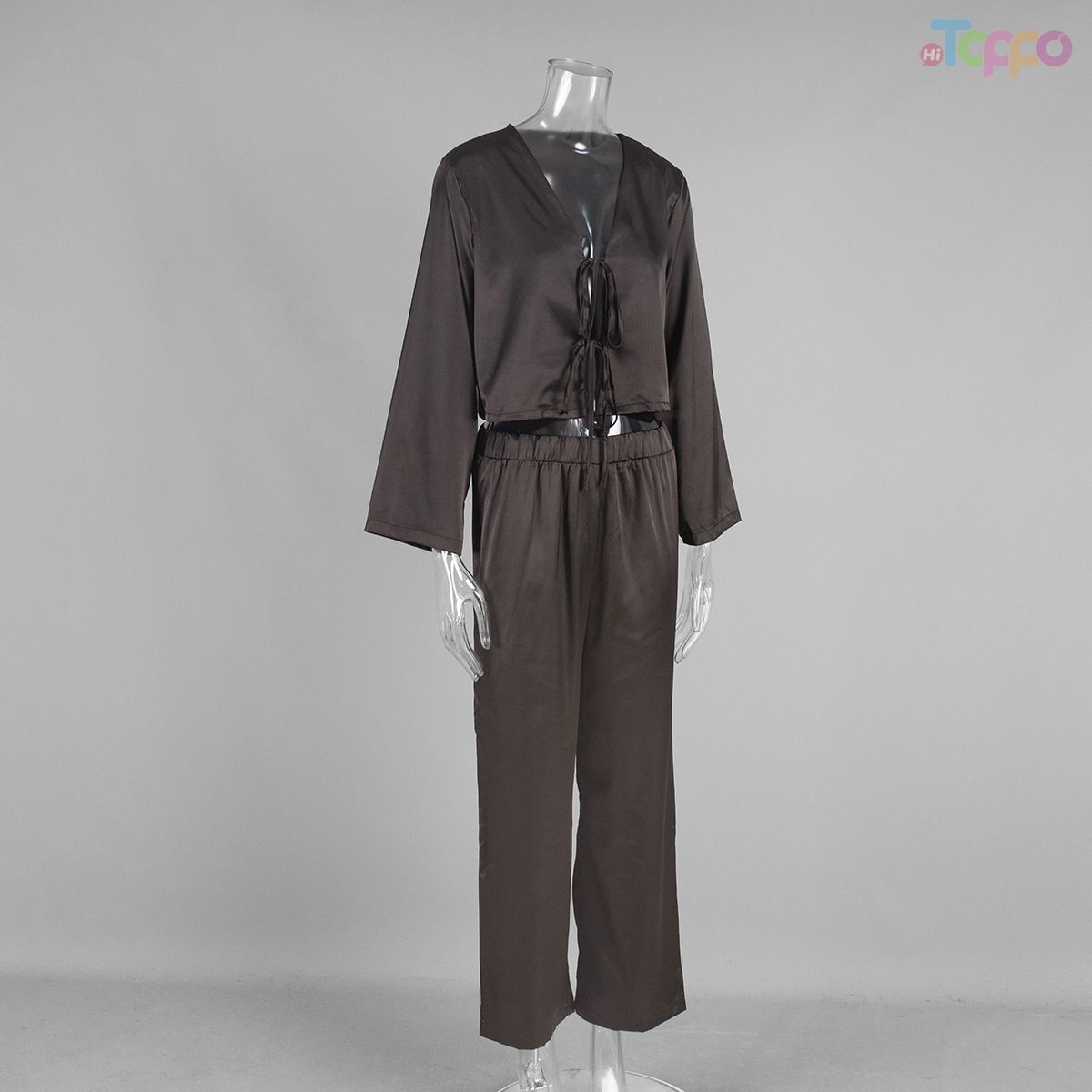 Brown Satin 2-Piece Cropped Tie-Front Lounge Set