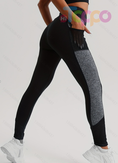 Women Tights Custom Logo Ladies Yoga Pants Stripe Stitching Stylish Design Leggings High Waisted Elastic Fashionable Pants with Mesh Pocket