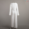 Chic White Long-Sleeve Tie-Front Cut-Out Wide-Leg Two-Piece Set