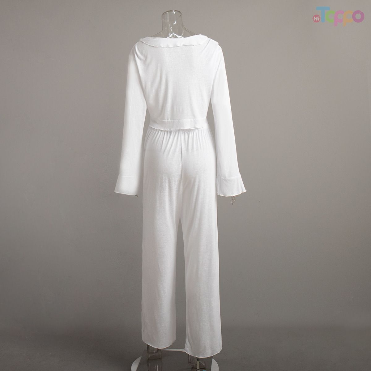 Chic White Long-Sleeve Tie-Front Cut-Out Wide-Leg Two-Piece Set