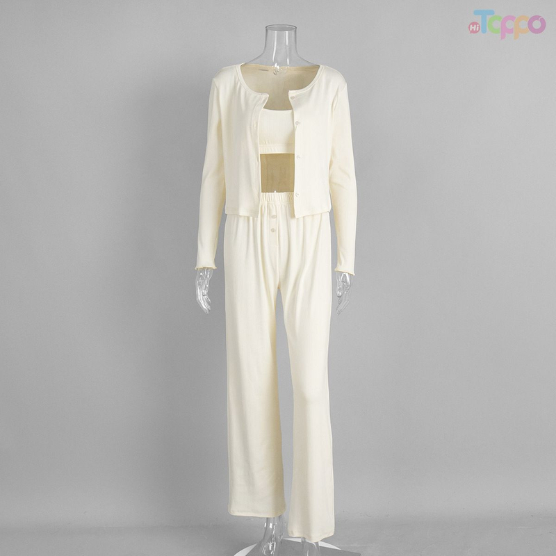 Women's Cream 3-Piece Cardigan & Loungewear Set