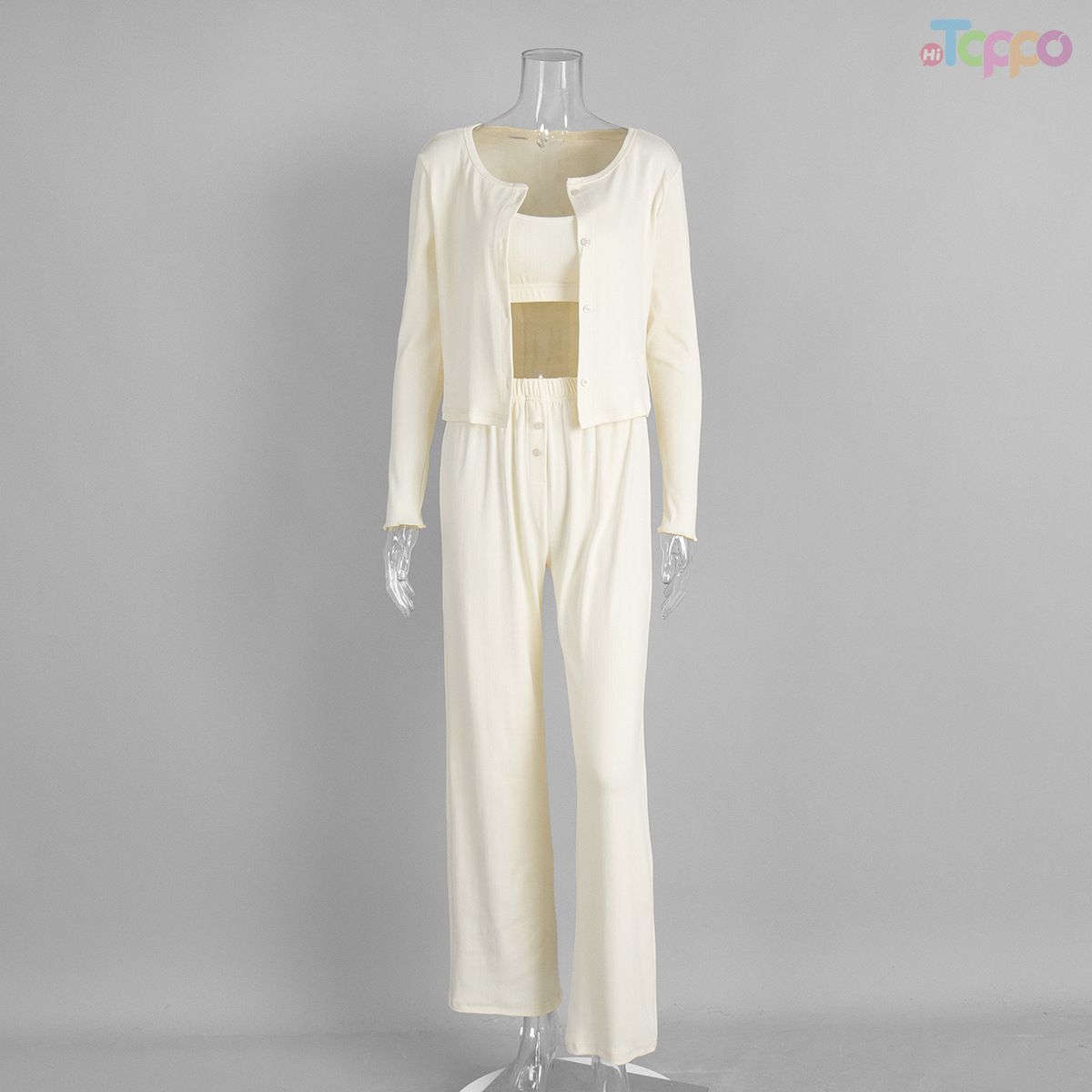 Women's Cream 3-Piece Cardigan & Loungewear Set