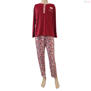Cute Burgundy Heart Print Long-Sleeve Cozy Pajama Set