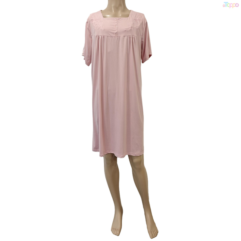 Soft Pink Short-Sleeve Nightgown with Delicate Embroidered Trim