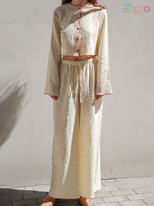 Women's Ditsy Floral Linen Blend Crop Loungewear Set