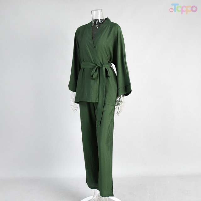 Women's Olive Green Wrap-Style Tie-Waist Wide-Leg Lounge Set