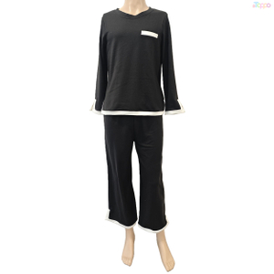 Black Long-Sleeve Loungewear Set with White Trim