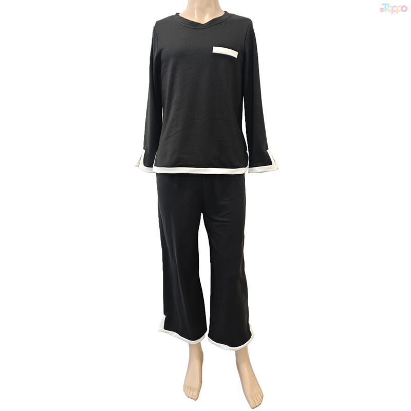 Black Long-Sleeve Loungewear Set with White Trim