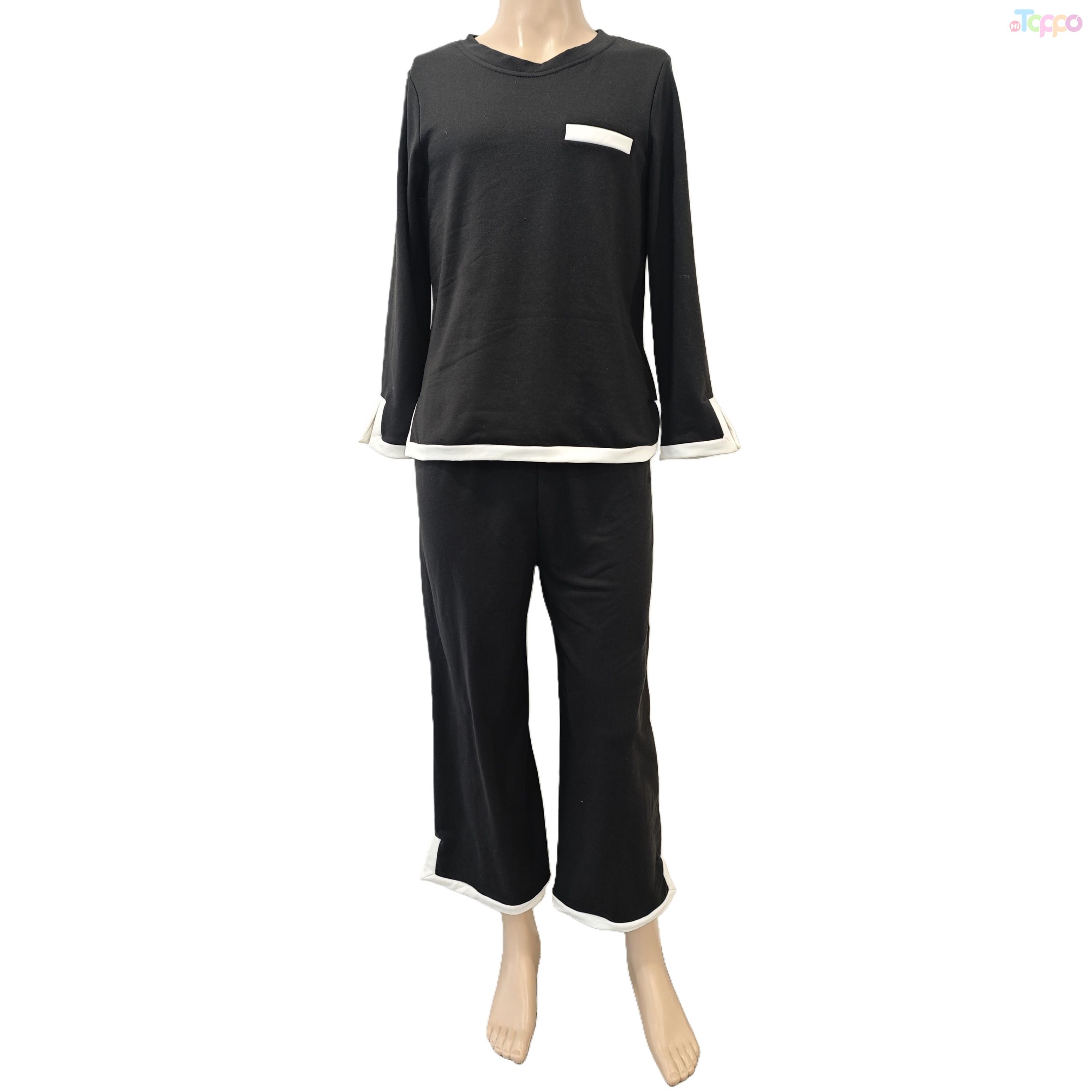Black Long-Sleeve Loungewear Set with White Trim