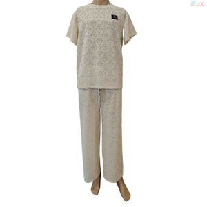 Beige Textured Geometric Short-Sleeve Wide-Leg Loungewear Set