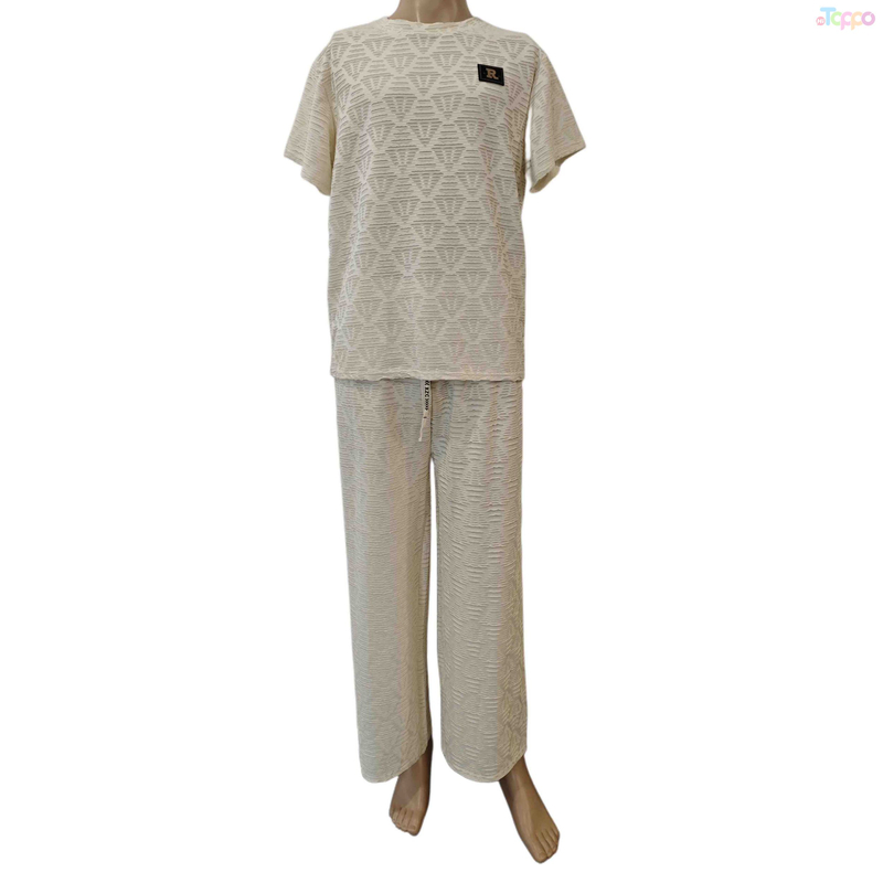 Beige Textured Geometric Short-Sleeve Wide-Leg Loungewear Set