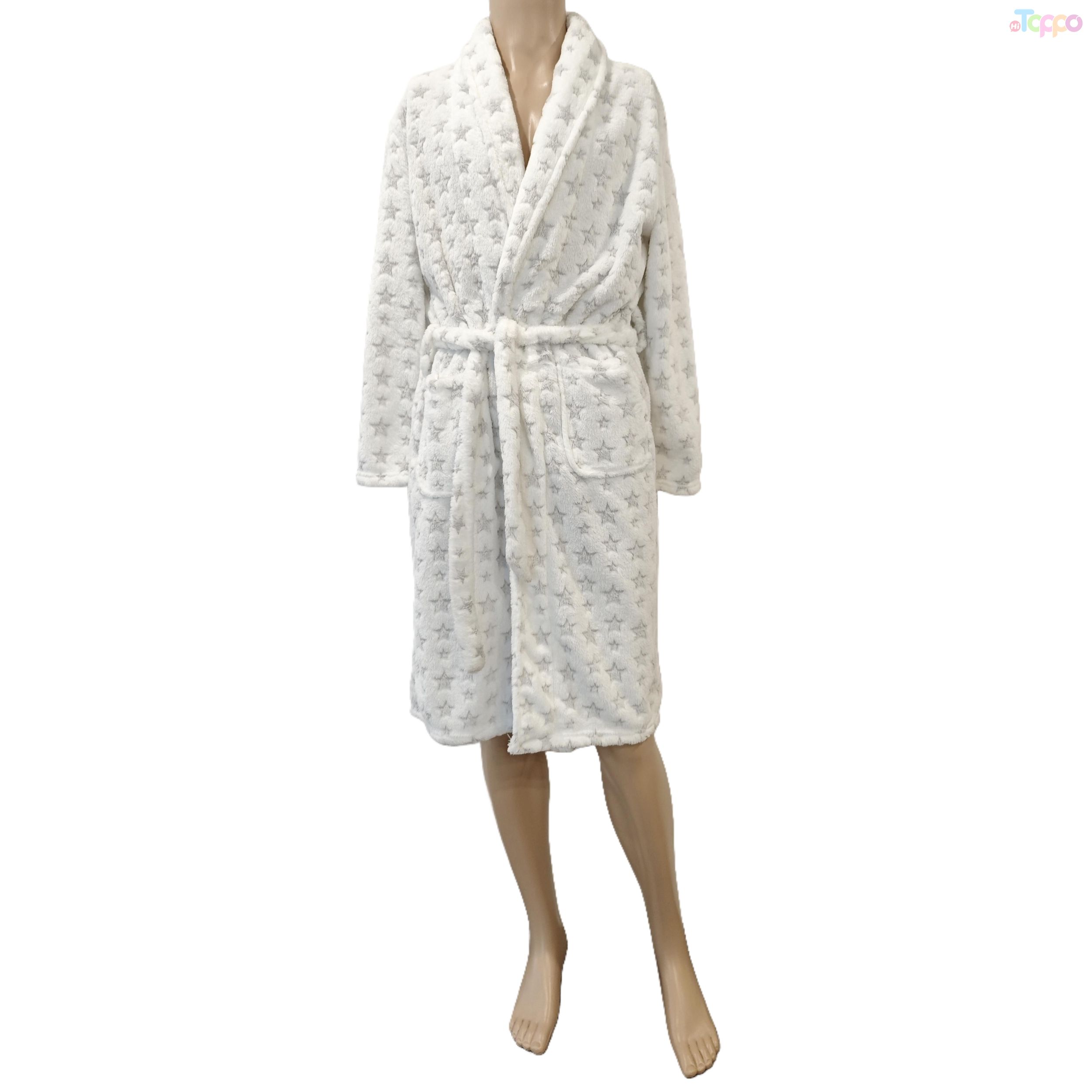 Women's White Star-Print Plush Robe with Self-Tie Waist & Pockets