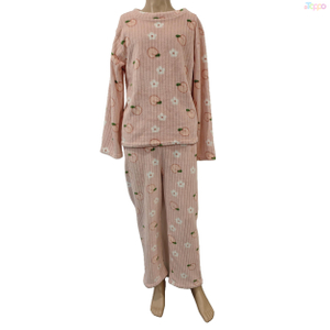 Pastel Pink Long-Sleeve Fleece Pajama Set with Peach & Daisy
