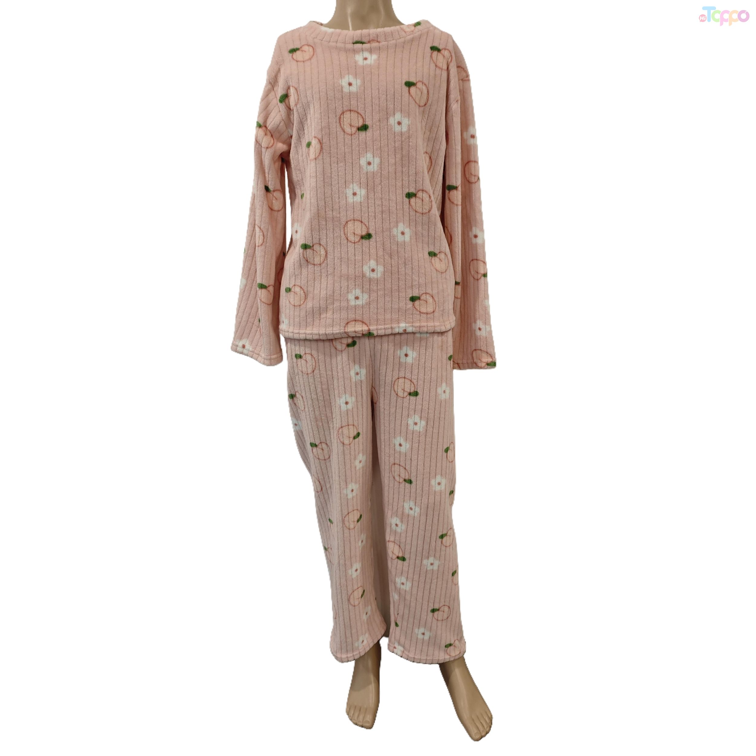 Pastel Pink Long-Sleeve Fleece Pajama Set with Peach & Daisy