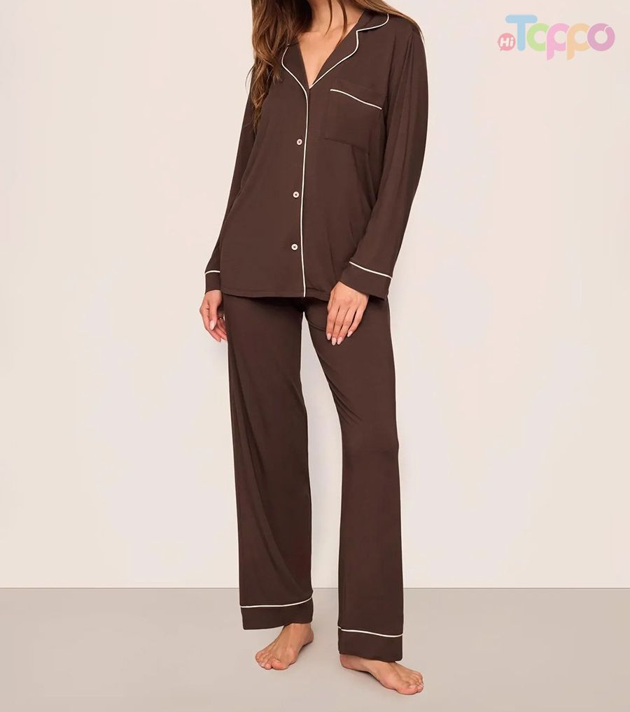 Olive Green Contrast Trim Collared Pajama Set