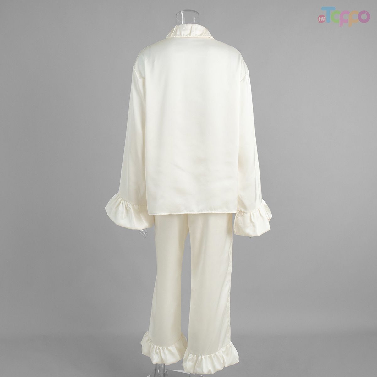 Satin Ruffled Collar Long-Sleeve Pajama Set - Elegant Cream Loungewear