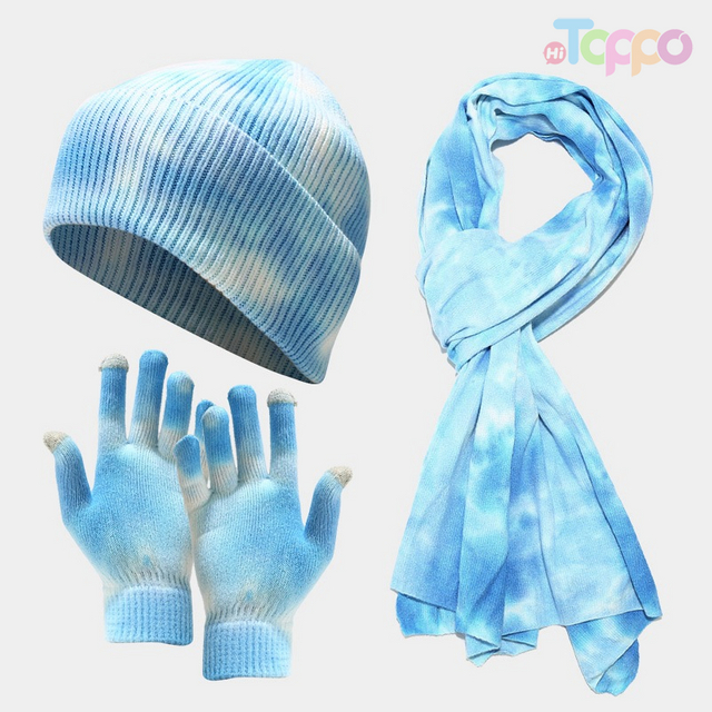  Winter Colorful Hat Scarf Gloves Set Knitted Warm Winter Set with Die Dye Process