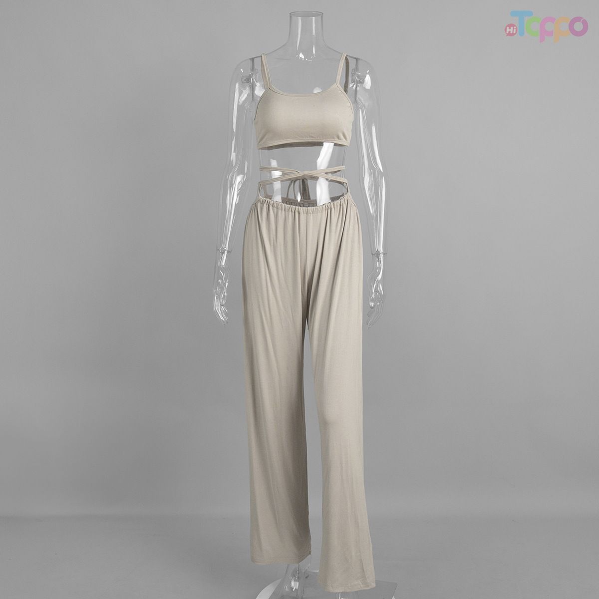 Beige Twist-Front 3-Piece Cami & Wide-Leg Lounge Set