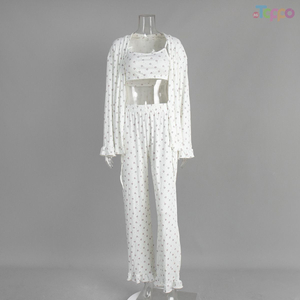 White Heart Print 3-Piece Cardigan & Wide-Leg Lounge Set