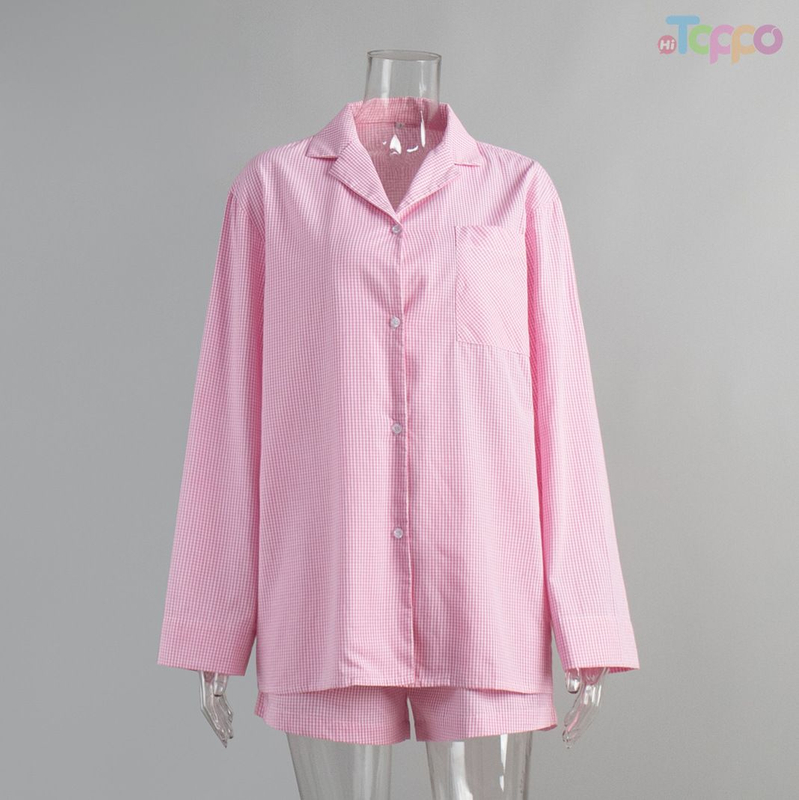 Pink Gingham Oversized Shirt & Shorts Loungewear Set